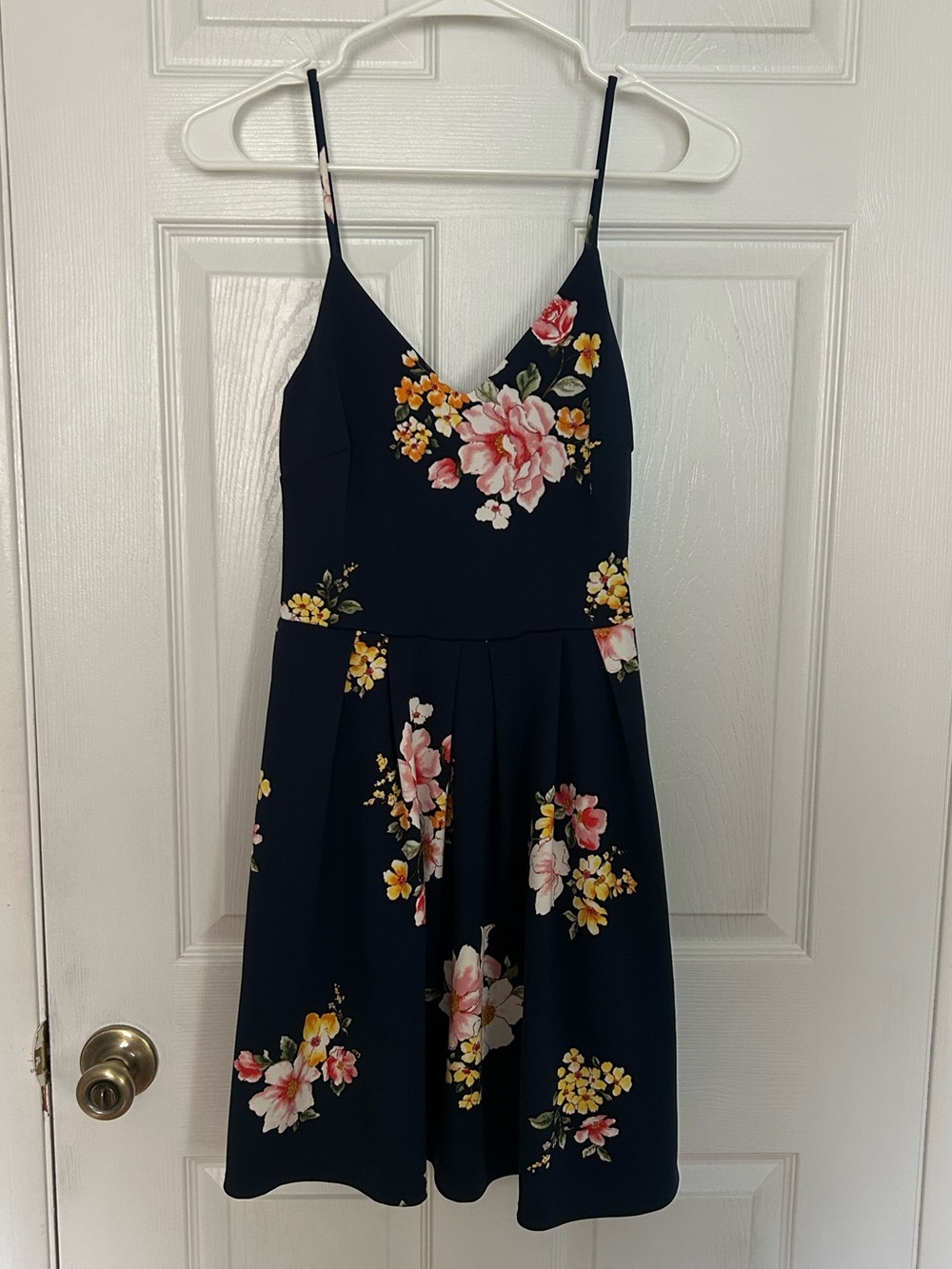 Soprano Navy Blue Floral Pleated Fit & Flare Mini Dress - Cami Straps - Small